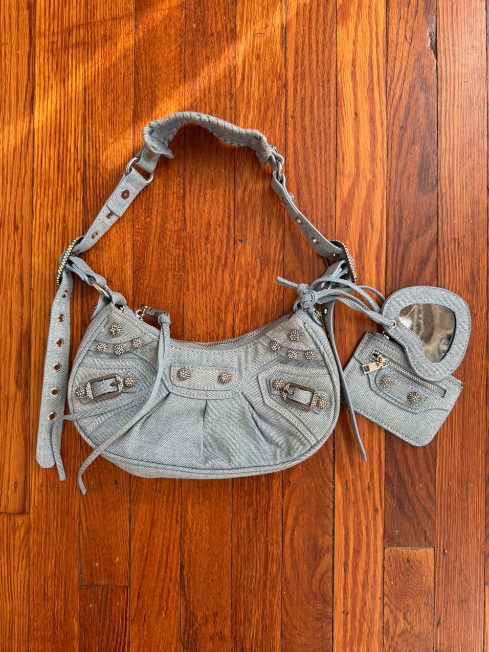 Denim Le Cagole Bag with Heart Mirror Charm and card holder
